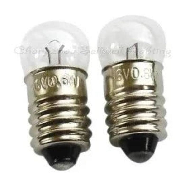 Two miniature lamp e10 g11 bulbs, 6v 0.6w with metal screw bases.