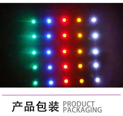 E10 screw LED indicator bulbs in red yellow blue green and white glowing in rows on black background
