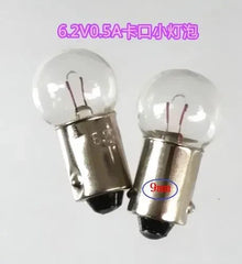 Two small screw and bayonet lamps with glass bulbs and metal bases, labeled 6.2V 0.5A, 9mm size, new design.