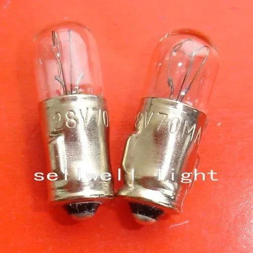Two miniature 28V 70mA ba7s base light bulbs with clear glass on red background