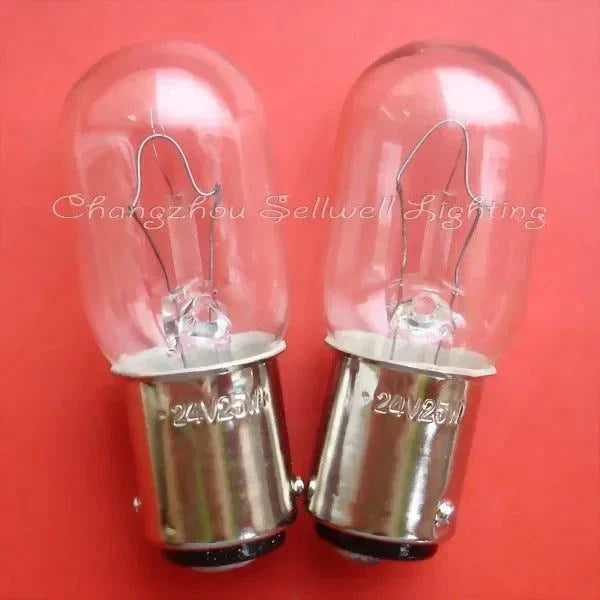 Two 24v 25w Ba15d navigation light bulbs on red background
