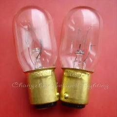 Close-up view of two 120V 15W miniature bulbs with BA15D base and T22x53 size on a red background