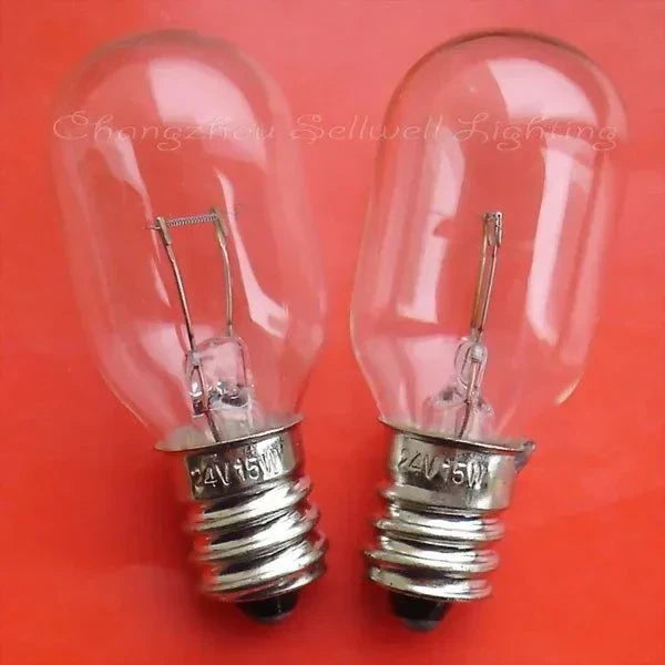 Two 24V 15W miniature light bulbs with E12 base on red background