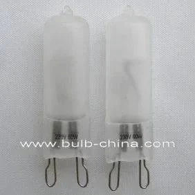 Two 60W G9 base halogen bulbs 230V on white background