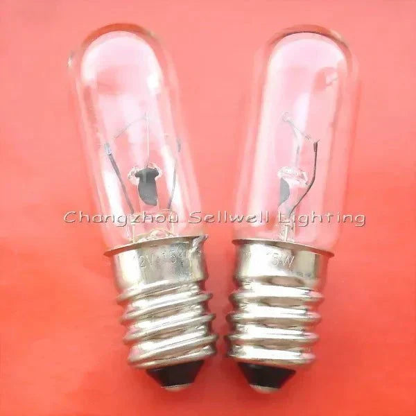 Two 12V 15W E14 miniature light indicator bulbs with clear glass and metal base on orange background