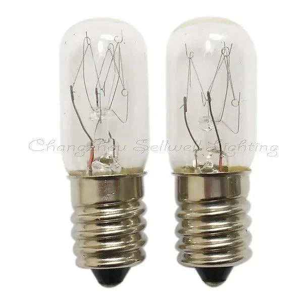 Close-up of two E14/E12 base miniature light bulbs T16x48 220V with clear glass and visible filaments