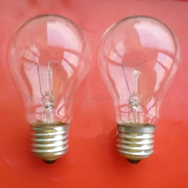 Two miniature 36v 40w E27 incandescent light bulbs with clear glass on a red background