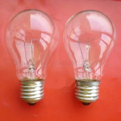 Two miniature 36v 40w E27 incandescent light bulbs with clear glass on a red background