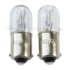 Two miniature 240v 2w ba9s t10x28 lamps with clear glass and metal base