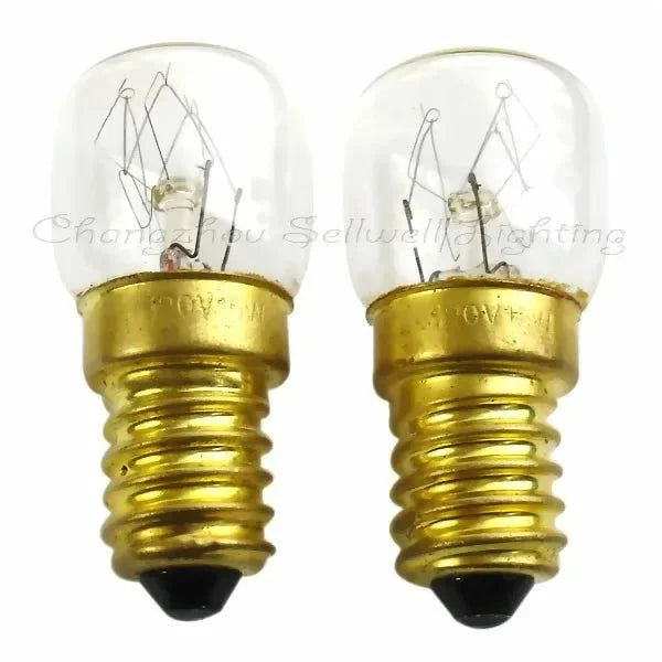 Two miniature bulbs with E14S base, 120V 15W, clear glass and gold-colored screw base.