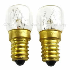 Two miniature bulbs with E14S base, 120V 15W, clear glass and gold-colored screw base.
