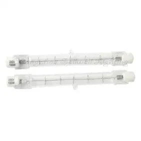 Two 100W 220-240V halogen lamps with J118 base displayed on white background