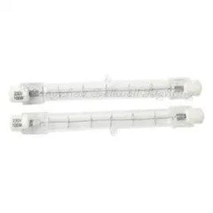 Two 100W 220-240V halogen lamps with J118 base displayed on white background