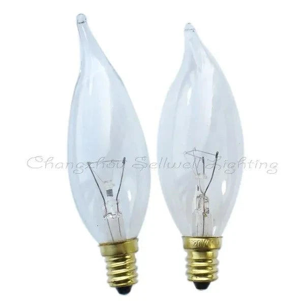 Candle bulb 120v 40w E12 with clear flame tip design, two bulbs shown.
