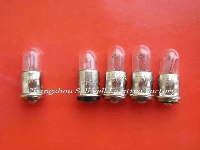 Set of 5 miniature 28V 25MA MF6 base bulbs on red background