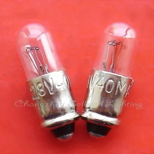 Miniature lamp 28v 40mA MG6 base 5x15mm filament bulb pair on red background