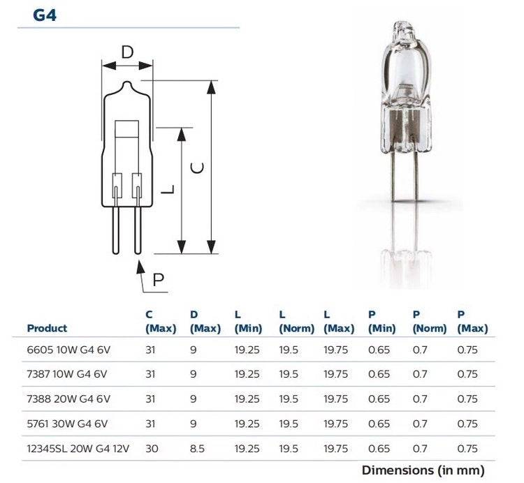 High efficiency 6V 10W G4 halogen lamp with low heat emission and detailed dimensions diagram.