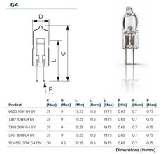 High efficiency 6V 10W G4 halogen lamp with low heat emission and detailed dimensions diagram.