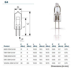 Halogen Lamp 6V 10W G4 A714 high efficiency low heat emission bulb with technical dimensions diagram