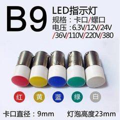 Set of BA9SLED indicator bulbs with 9mm bayonet base, available in red, yellow, blue, green, and white colors, compatible with 12V, 24V, and 220V systems.
