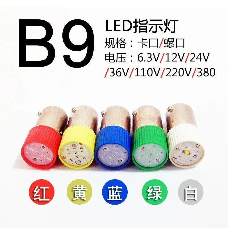 Set of mini LED BA9S indicator light bulbs with bayonet screw base in red, yellow, blue, green, and white colors, compatible with multiple voltages.