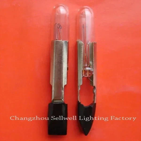 Two 36v 40ma telephone lamps T6.4X46.5 with metal base against red background