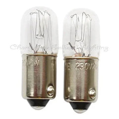 Set of 10 miniature 230v 2w BA9S T10x28 incandescent lamps with metal base and clear glass bulbs