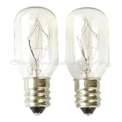 Two clear miniature 110v 15w E12 base incandescent light bulbs with visible filaments