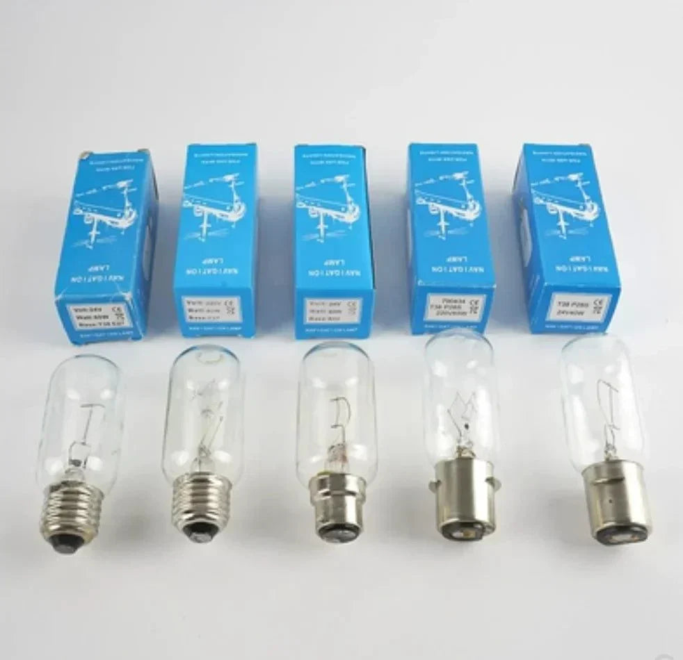 Set of five marine navigation lamp bulbs with blue packaging boxes, various base types including B22D and E27, suitable for 24V, 110V, and 220V systems, 40W to 65W power range.