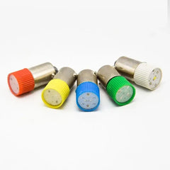 Set of 10 BA9S LED lamp bead indicator bulbs with colored caps in red, yellow, blue, green, and white.