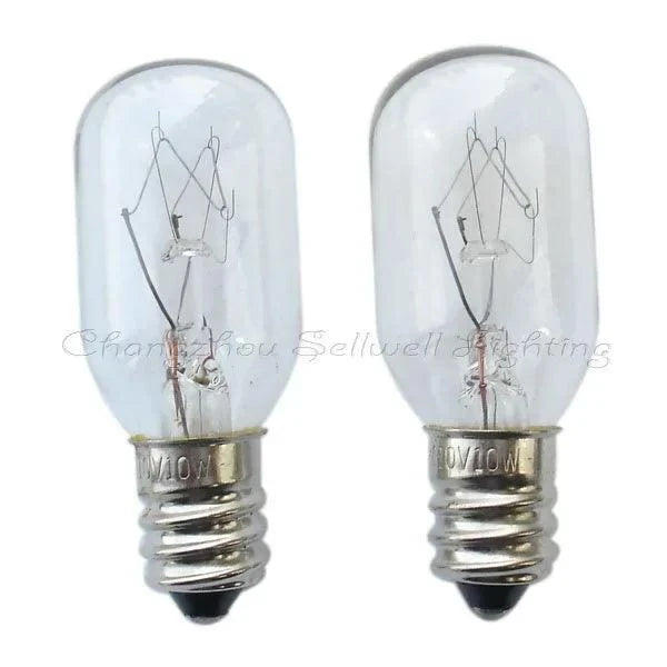Two clear miniature light bulbs with E12 bases, 110V 10W T20x48 size