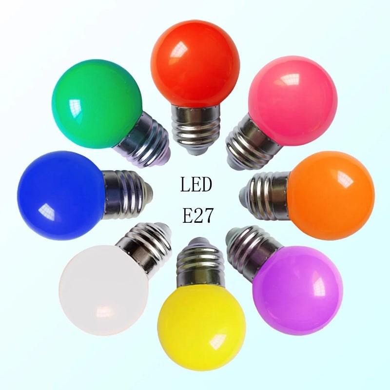 LED color household E27 screw base bulbs in multiple colors including red, green, blue, pink, orange, white, yellow, and purple.