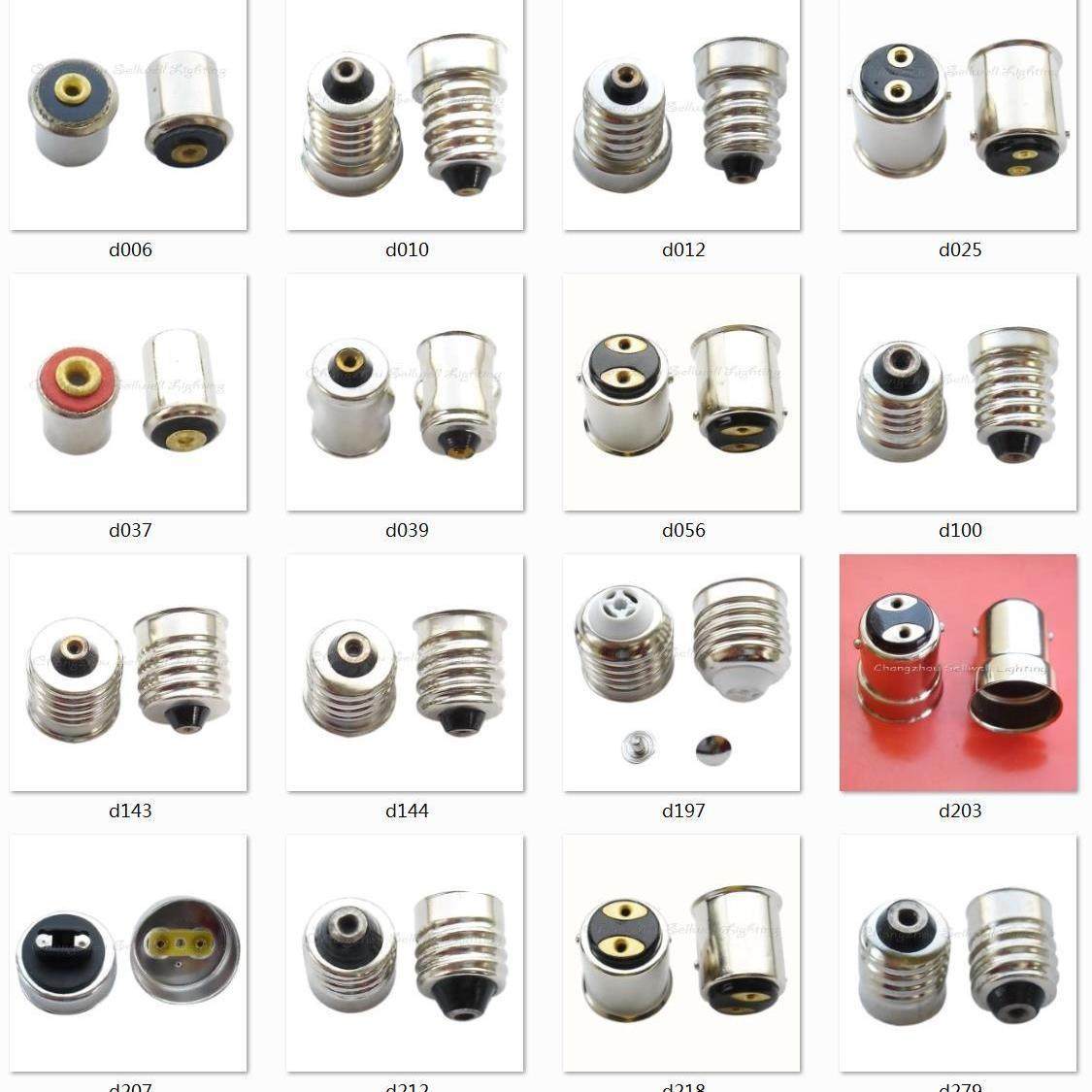 10 pcs MS4 BA7S BA9S E10 E12 E14 E27 BA15S BA15D R17D bayonet and screw base bulbs set with various metal and plastic caps.
